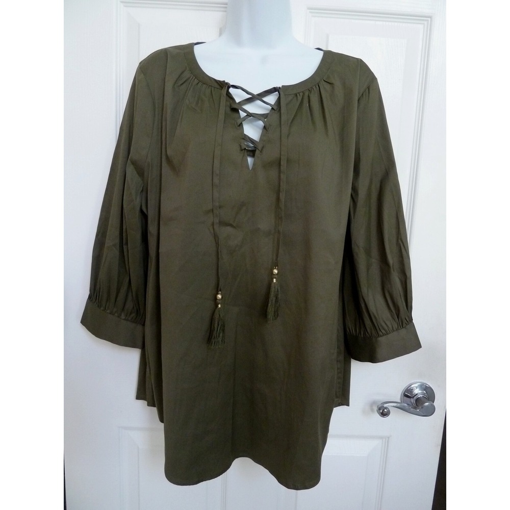 Chico's Sz 2 12/14 Large Balloon Sleeve Blouse Lace Up Tassels Olive Green Boho